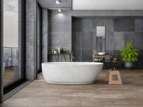 Bathroom tile dark flooring with bath tub | Dary Carpet & Floors